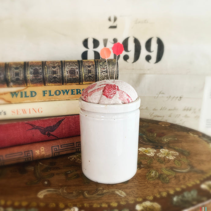 Pin cushion in antique Ointment Jar no.11