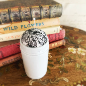 Pin cushion in antique Ointment Jar no.10