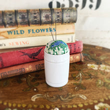 Load image into Gallery viewer, Pin cushion in antique Ointment Jar no.7