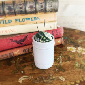 Pin cushion in antique Ointment Jar no.6