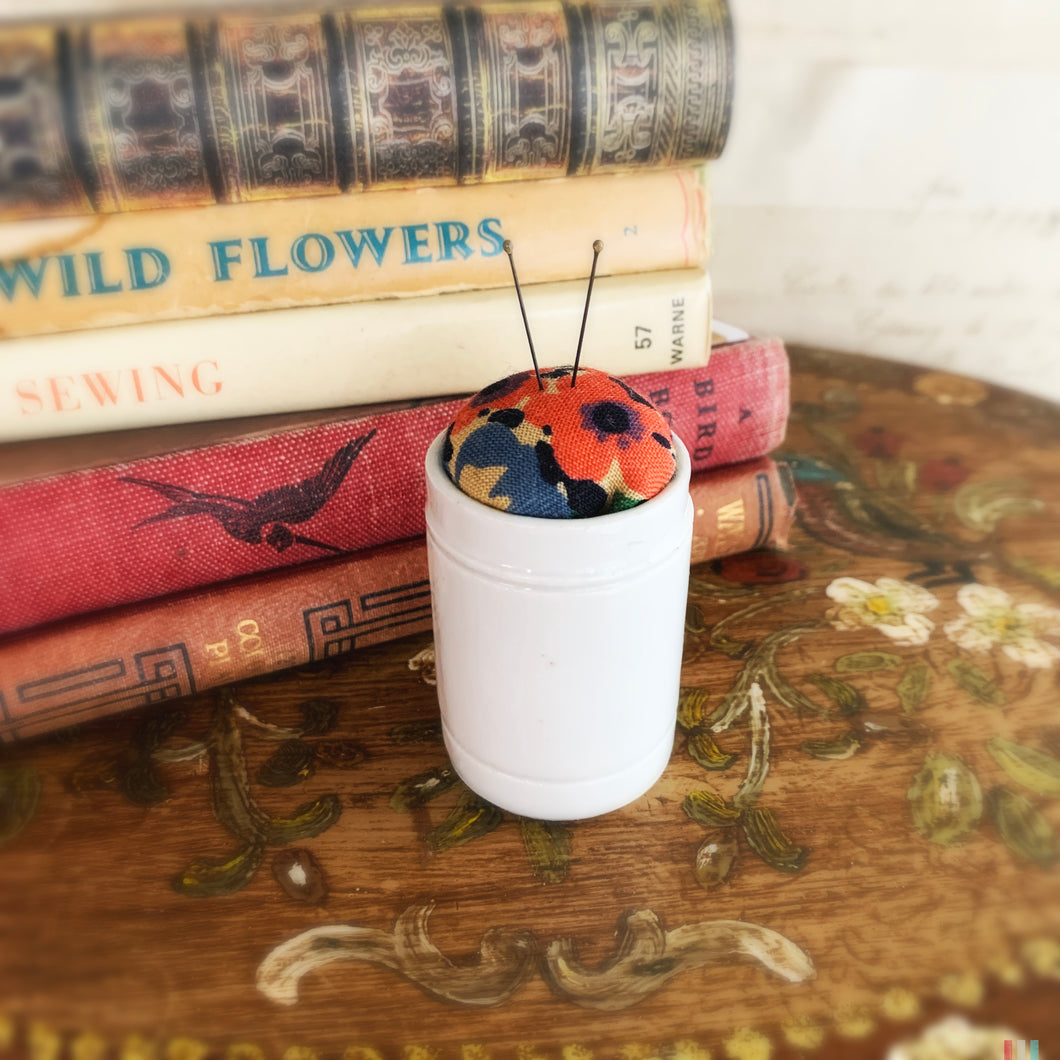 Pin cushion in antique Ointment Jar no.5