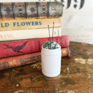 Pin cushion in antique Ointment Jar no.3