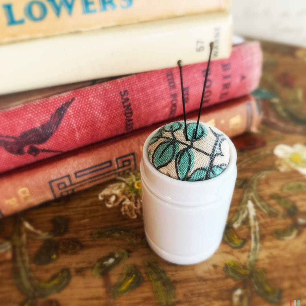 Pin cushion in antique Ointment Jar no.3