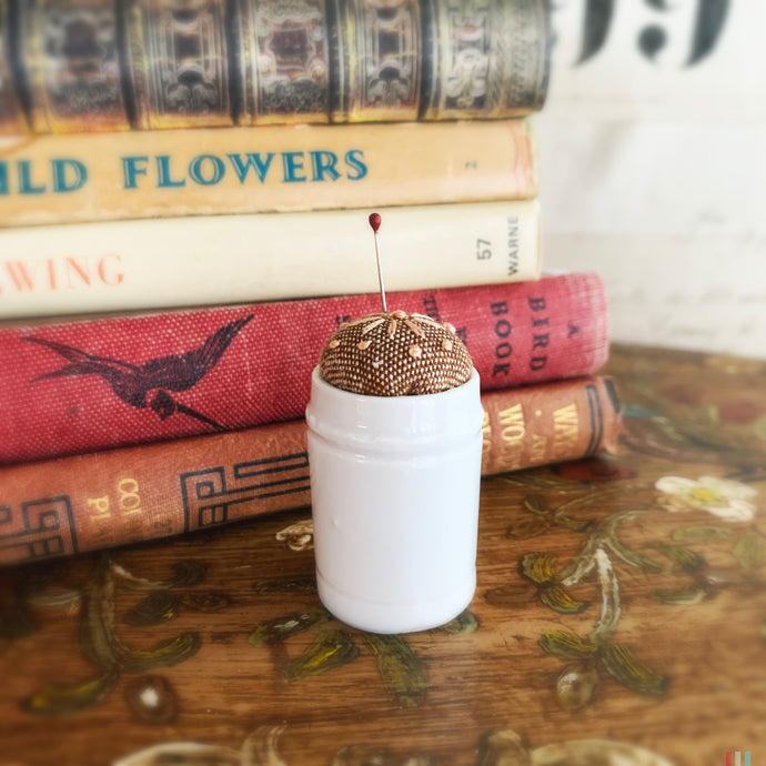 Pin cushion in antique Ointment Jar no.1