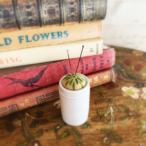 Pin cushion in antique Ointment Jar no.2 - Green