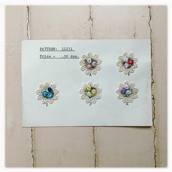 Vintage embroidery appliques on original sample card