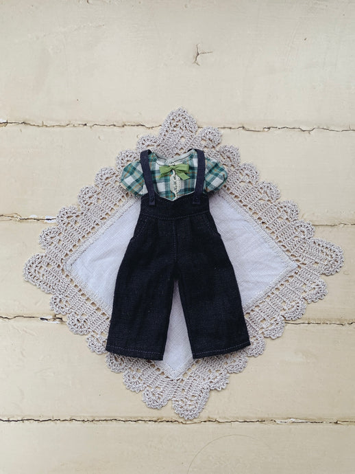 Dungarees and Blouse set for Blythe - green check